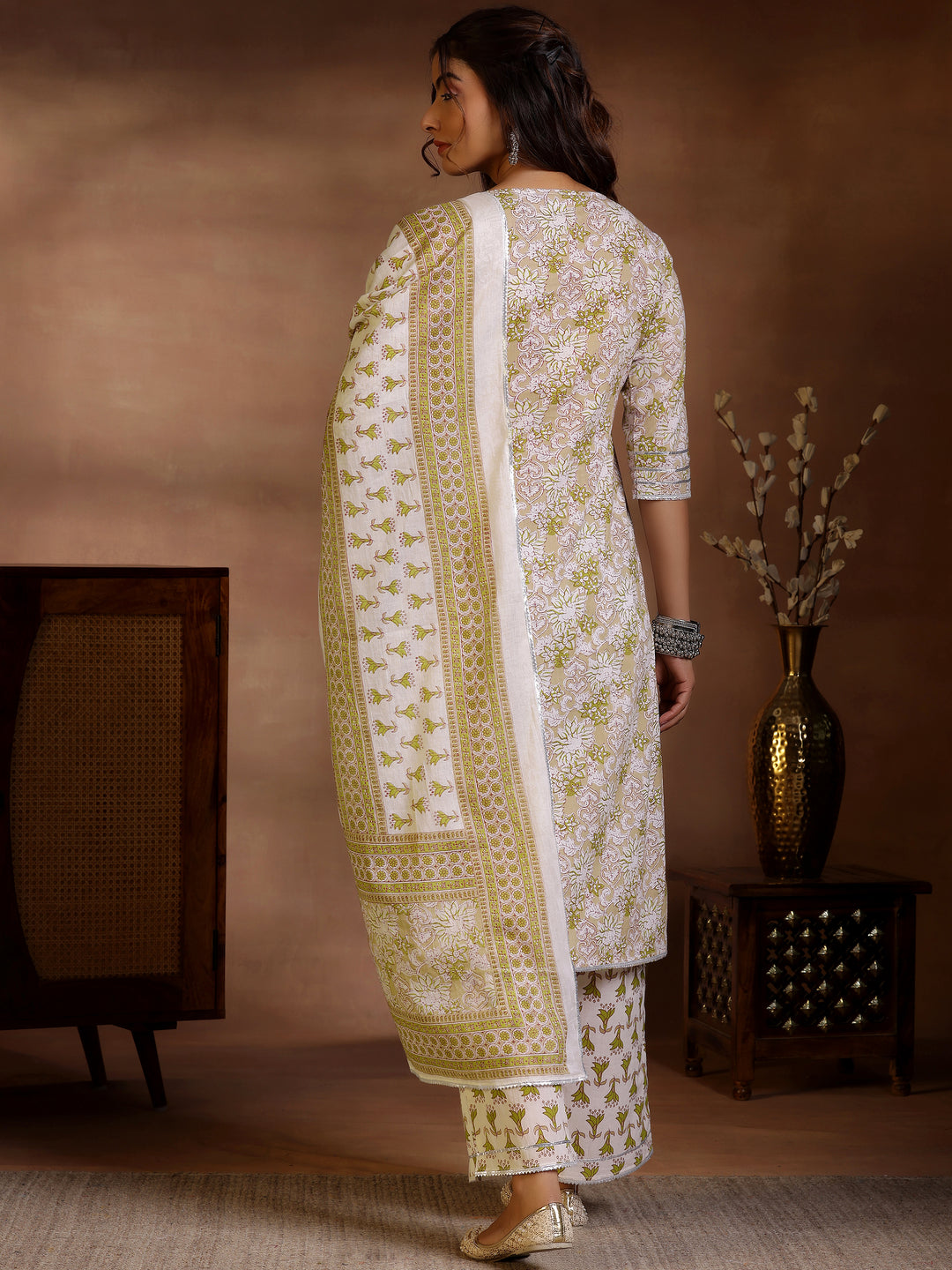 Beige Printed Cotton Straight Suit With Dupatta