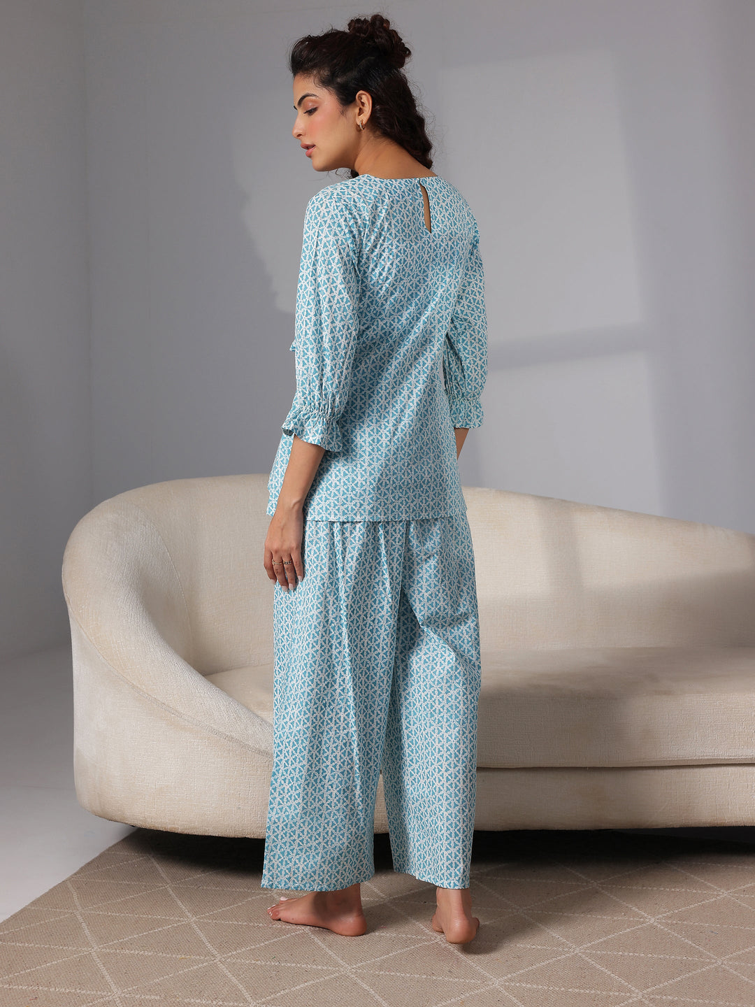 Blue Printed Cotton Night Suits