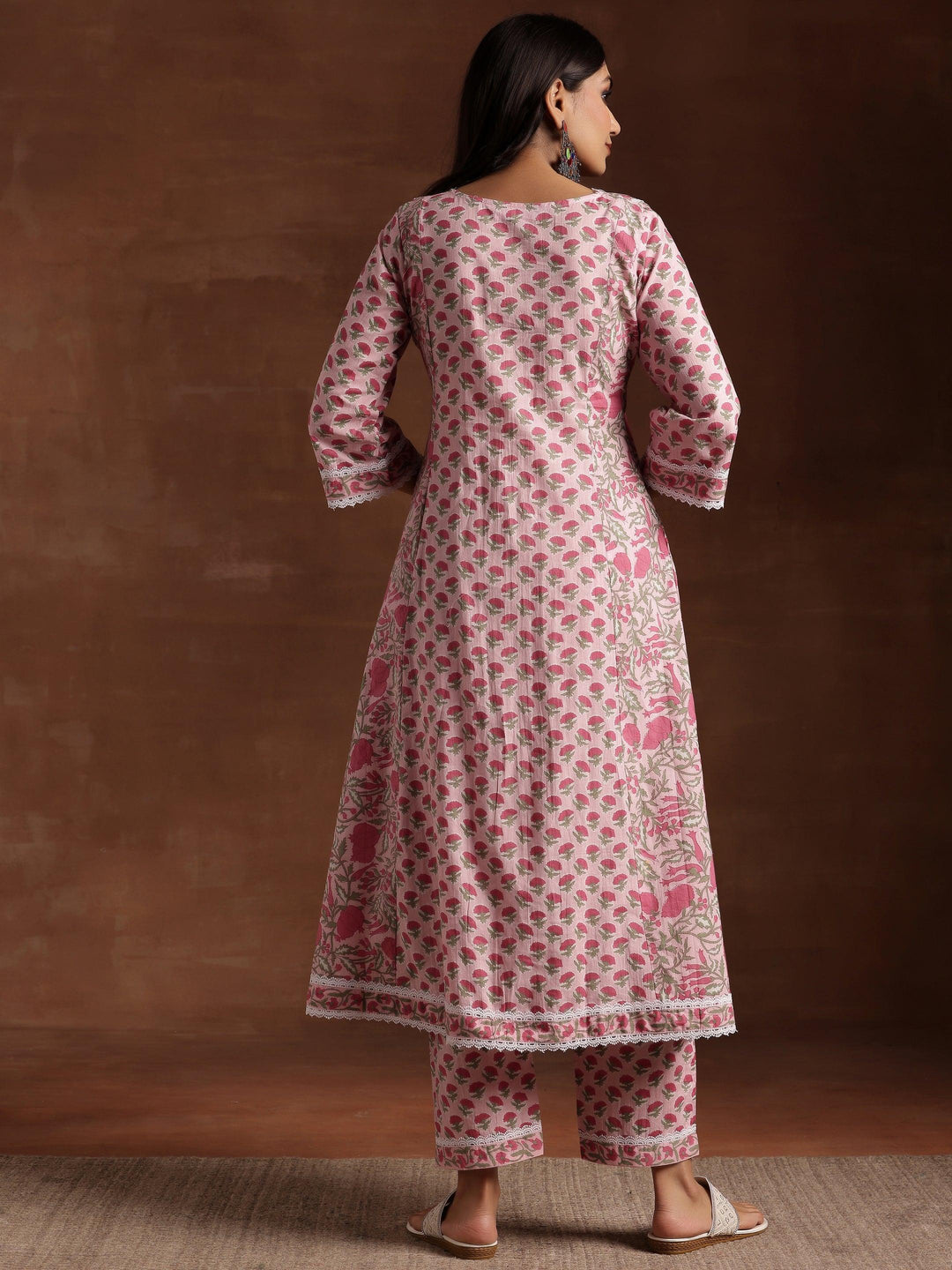 Pink Printed Cotton A-Line Kurta With Palazzos