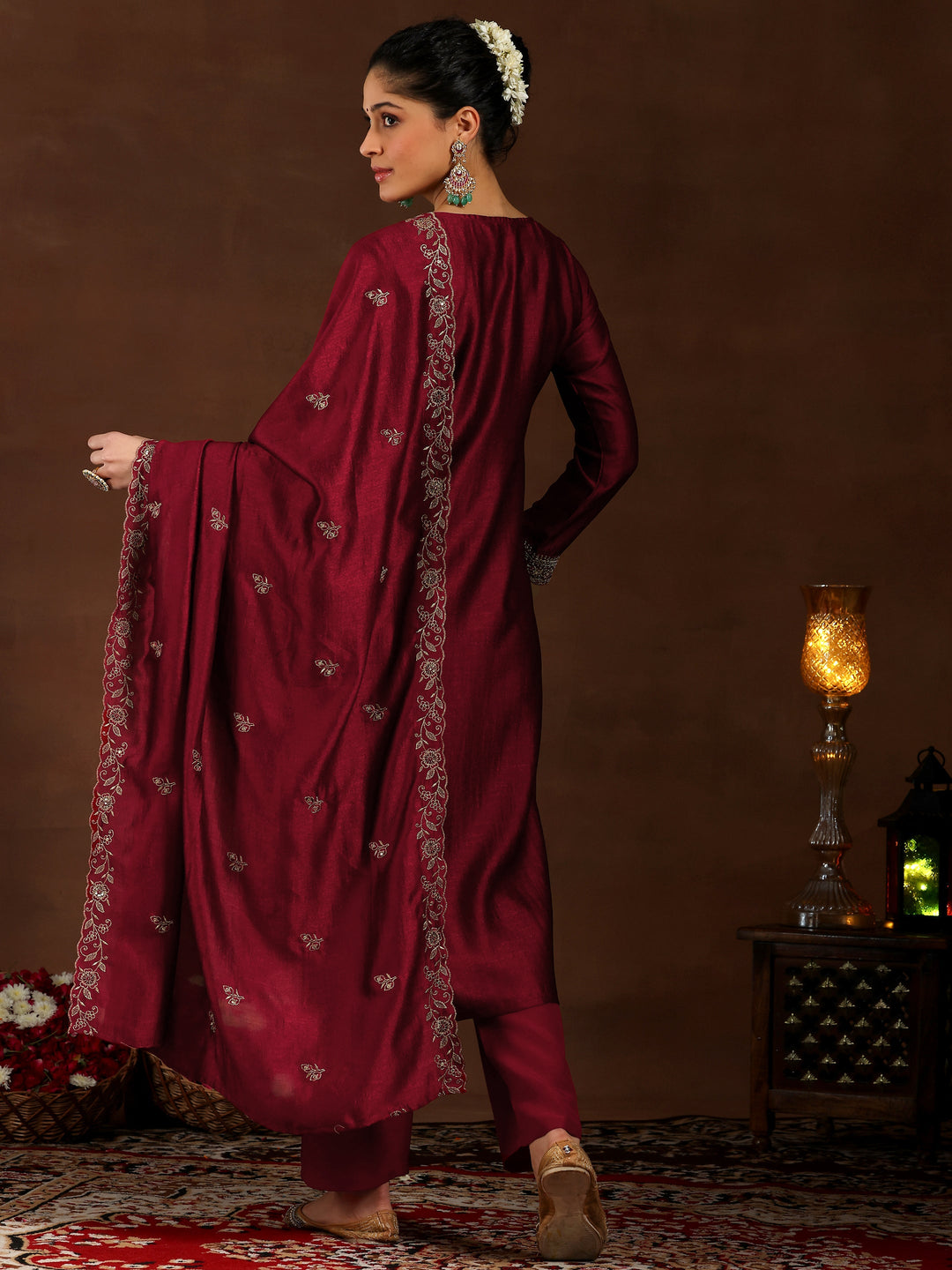 Maroon Embroidered Silk Blend Straight Suit With Dupatta