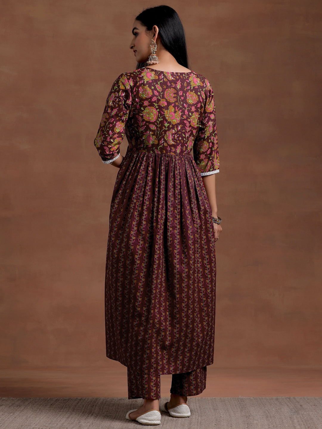 Rust Printed Cotton A-Line Kurta With Palazzos