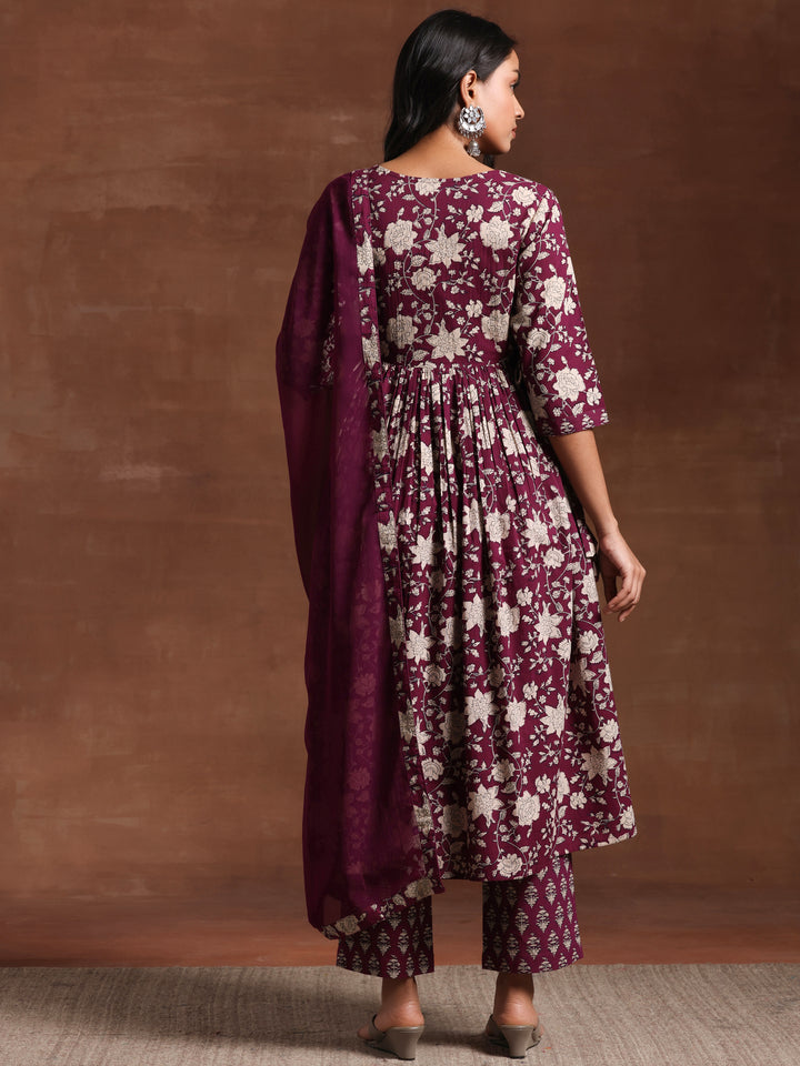 Wine Printed Pure Cotton Anarkali Suit With Dupatta