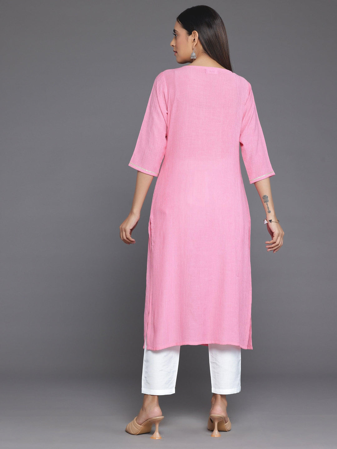 Pink Yoke Design Cotton Straight Kurta