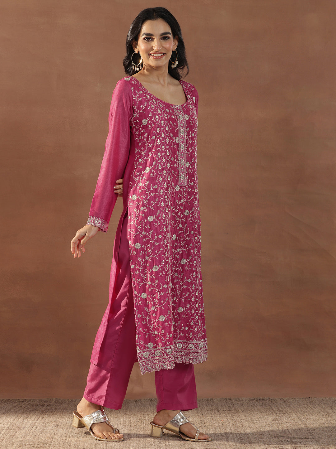 Pink Embroidered Silk Blend Straight Suits With Dupatta