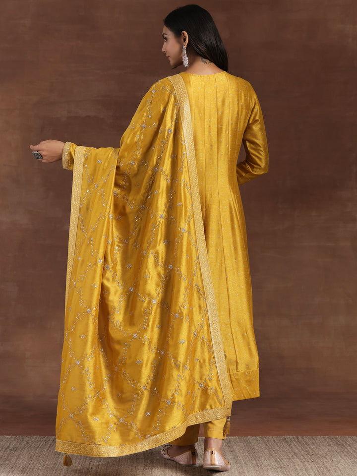 Mustard Embroidered Silk Blend A-Line Kurta With Palazzos & Dupatta