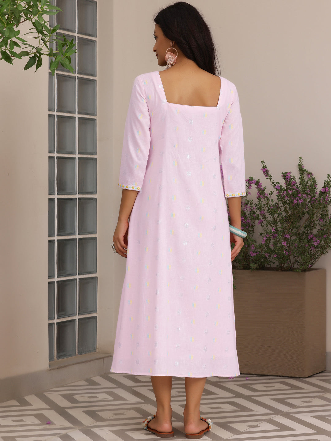 Pink Self Design Cotton A-Line Dress