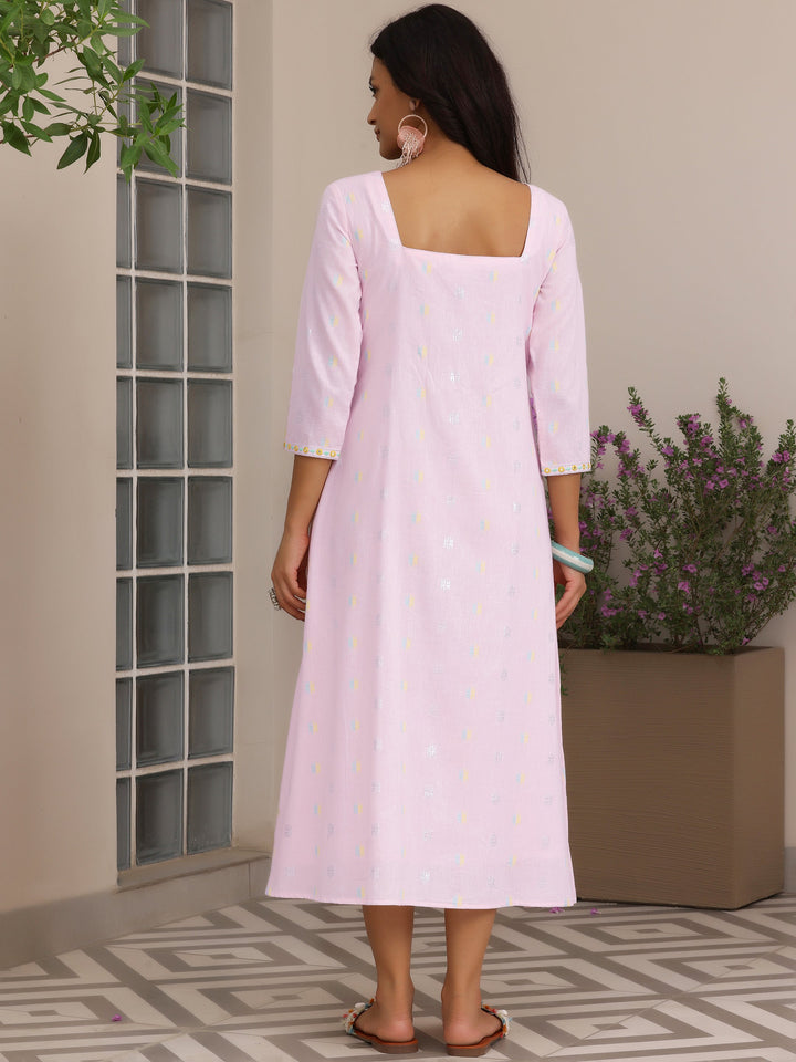 Pink Self Design Cotton A-Line Dress