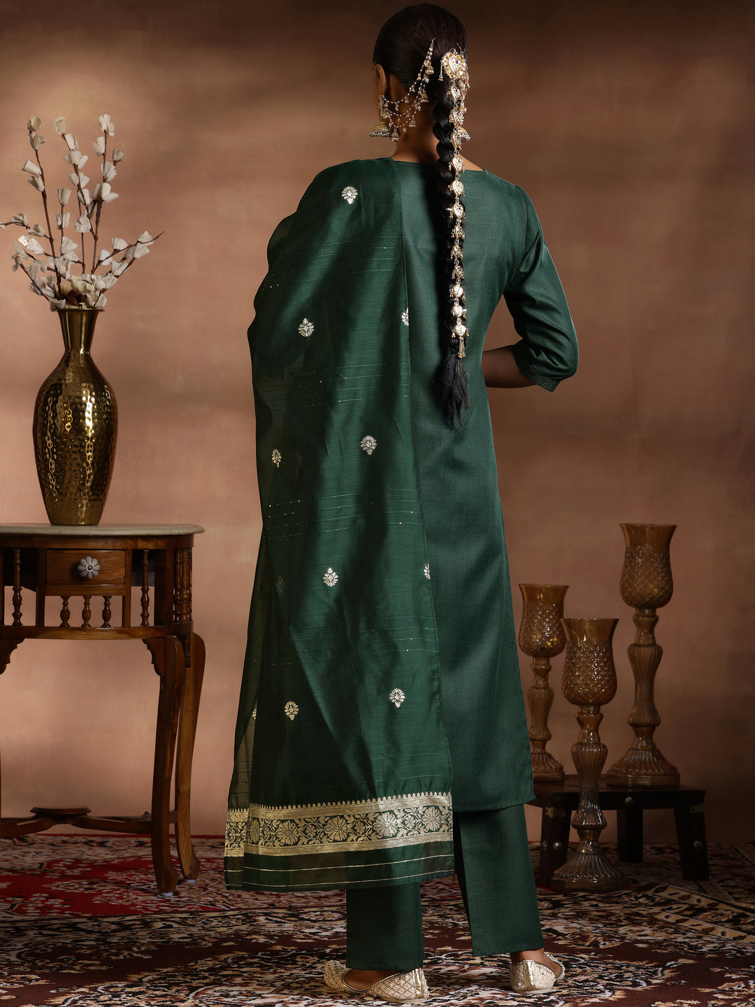 Green Solid Cotton Blend Straight Suit With Dupatta