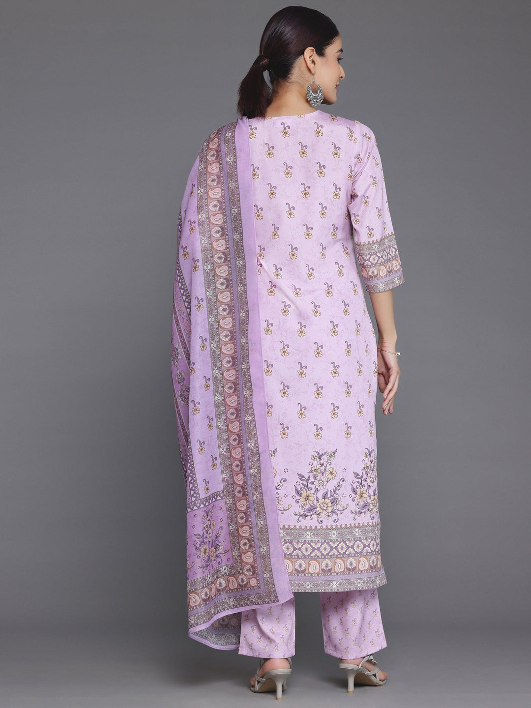 Pink Printed Poly Crepe Straight Suit With Dupatta