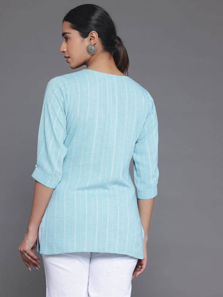 Blue Woven Design Cotton Blend Straight Kurti