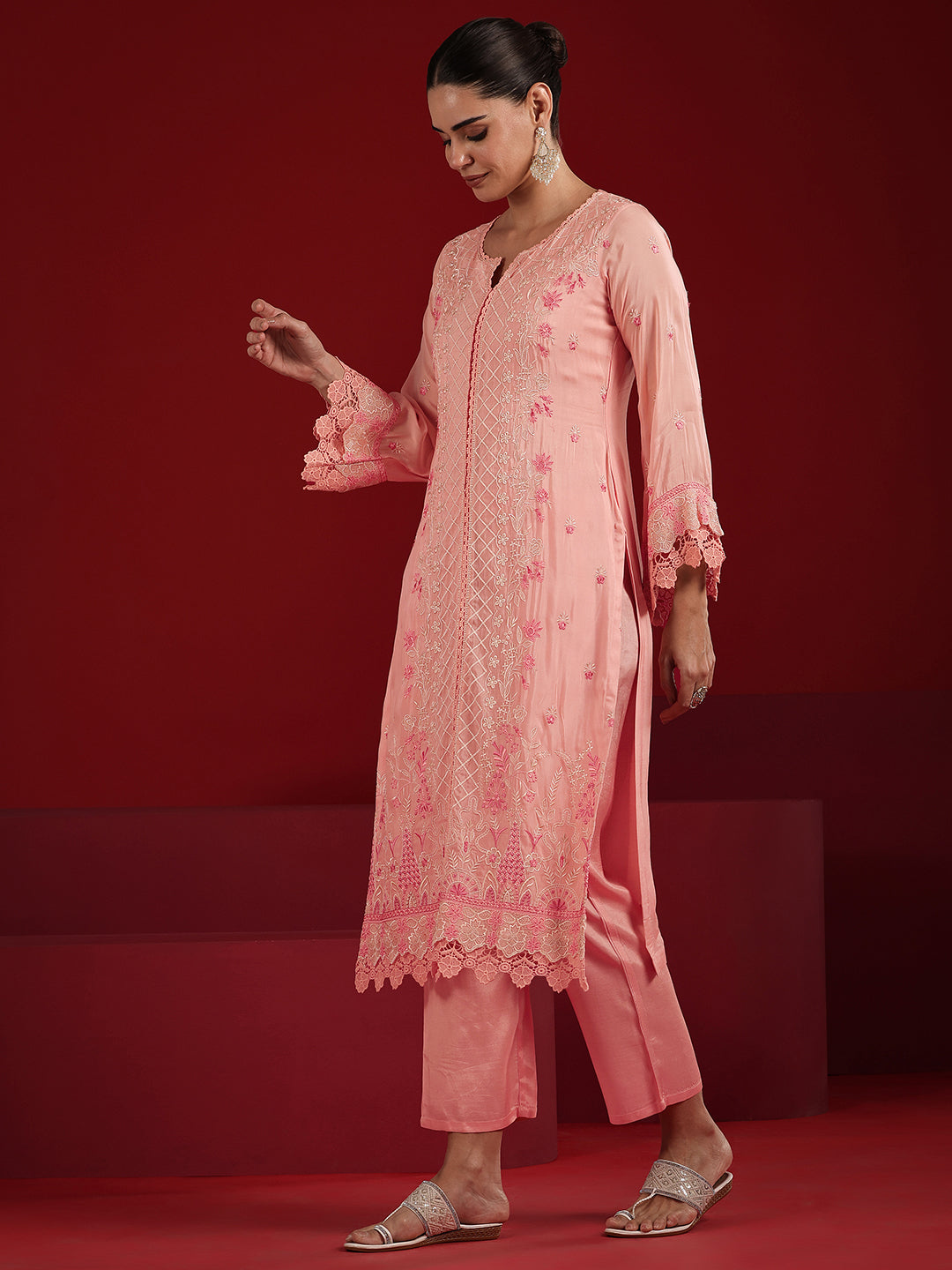 Libas Art Peach Embroidered Organza Straight Suit Set With Dupatta