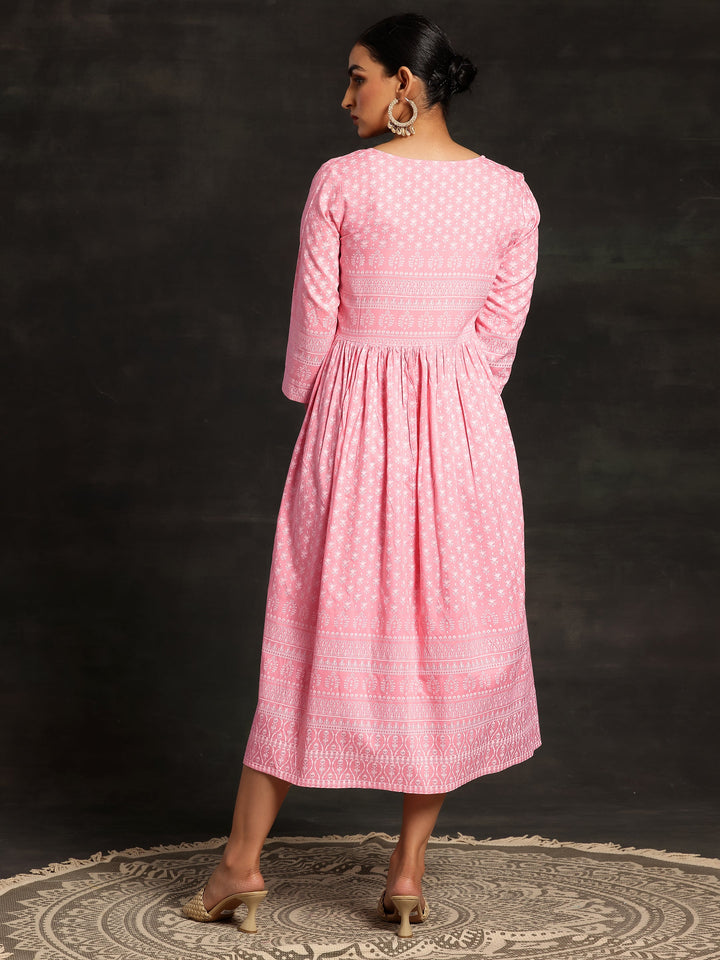 Pink Printed Cotton Fit and Flare Dress