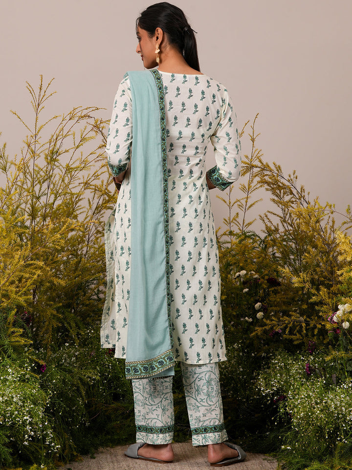 Off White Printed Cotton Straight Suit With Dupatta
