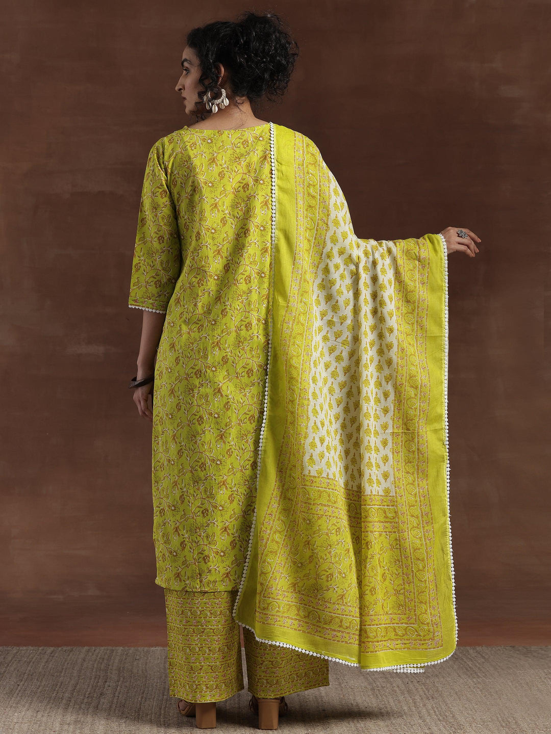 Green Printed Cotton Straight Suit With Dupatta