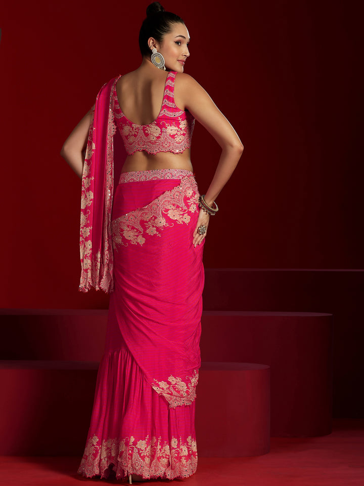 Libas Art Pink Embellished Chinnon Saree