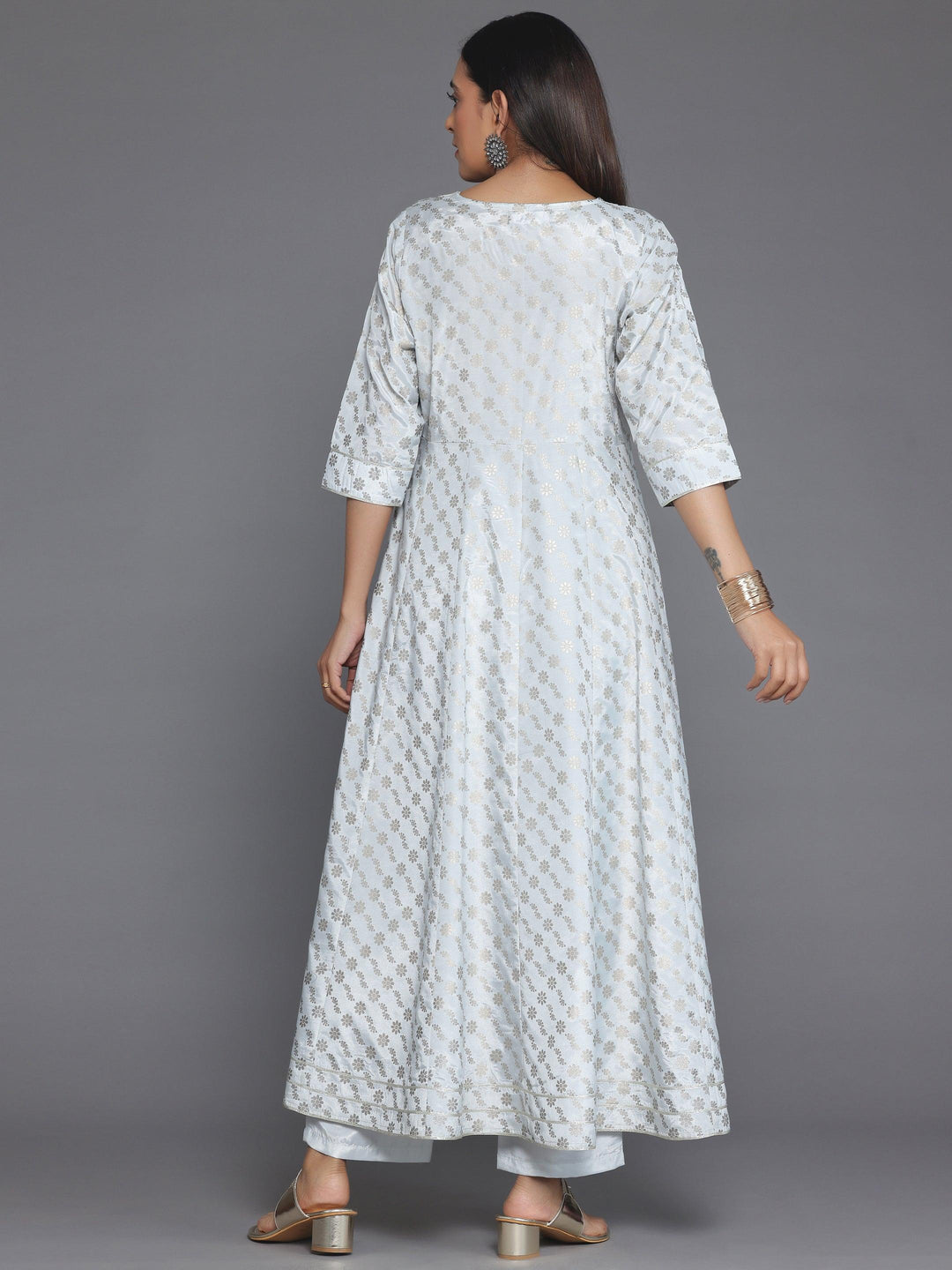 Grey Printed Silk Blend A-Line Kurta With Trousers