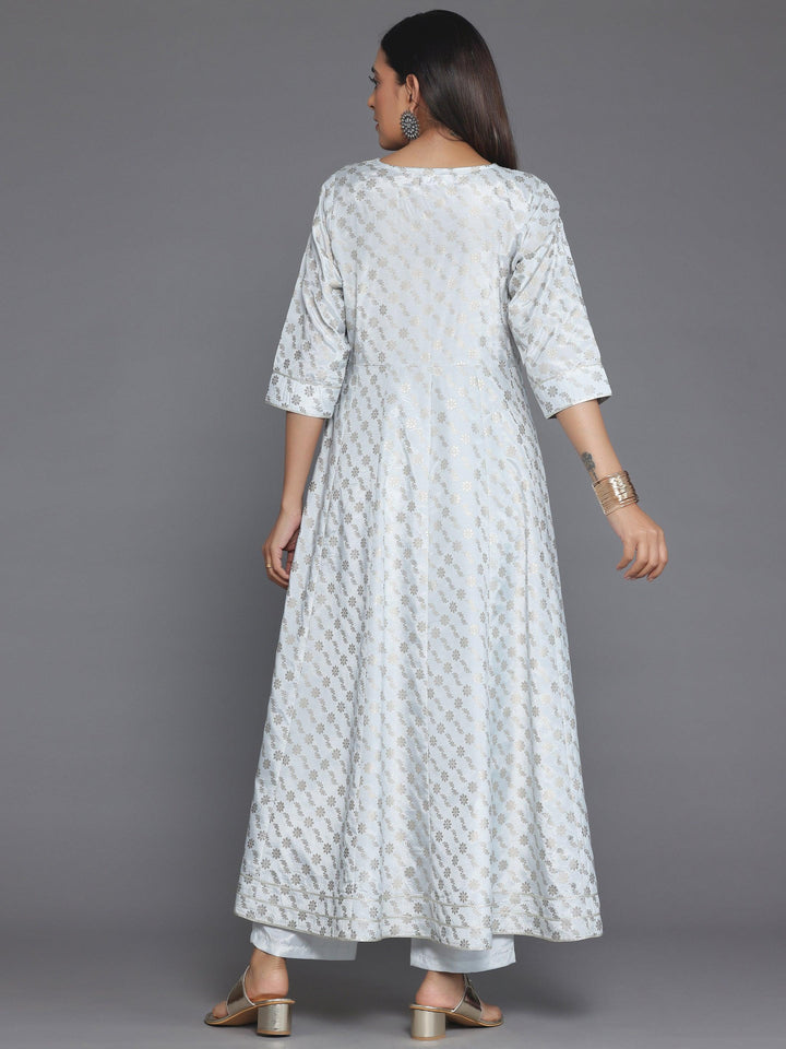 Grey Printed Silk Blend A-Line Kurta With Trousers