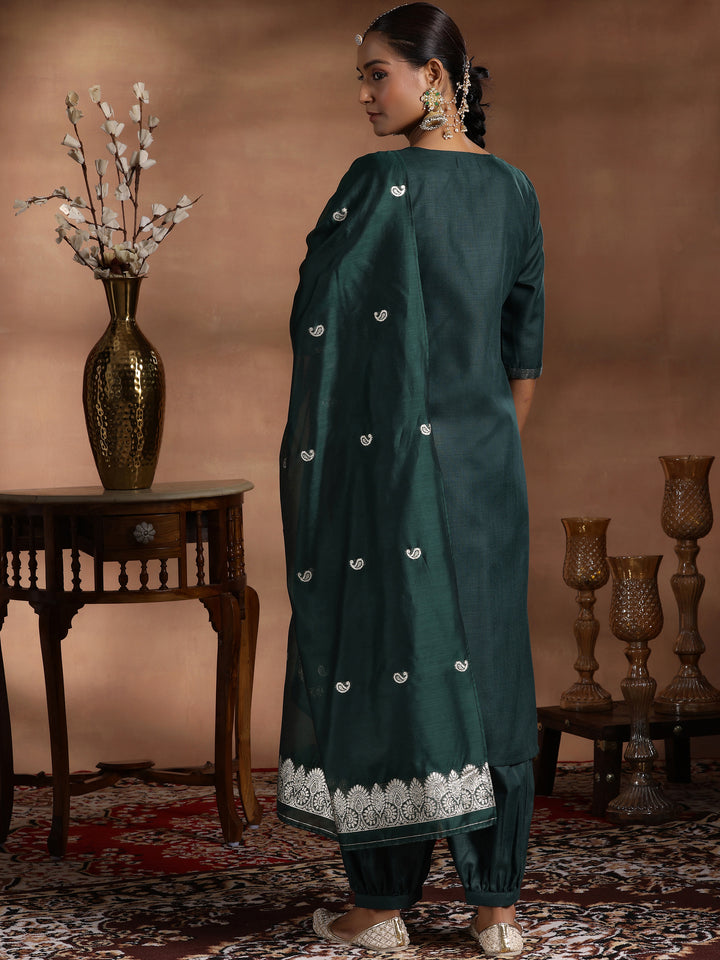 Green Solid Cotton Blend Straight Suit With Dupatta