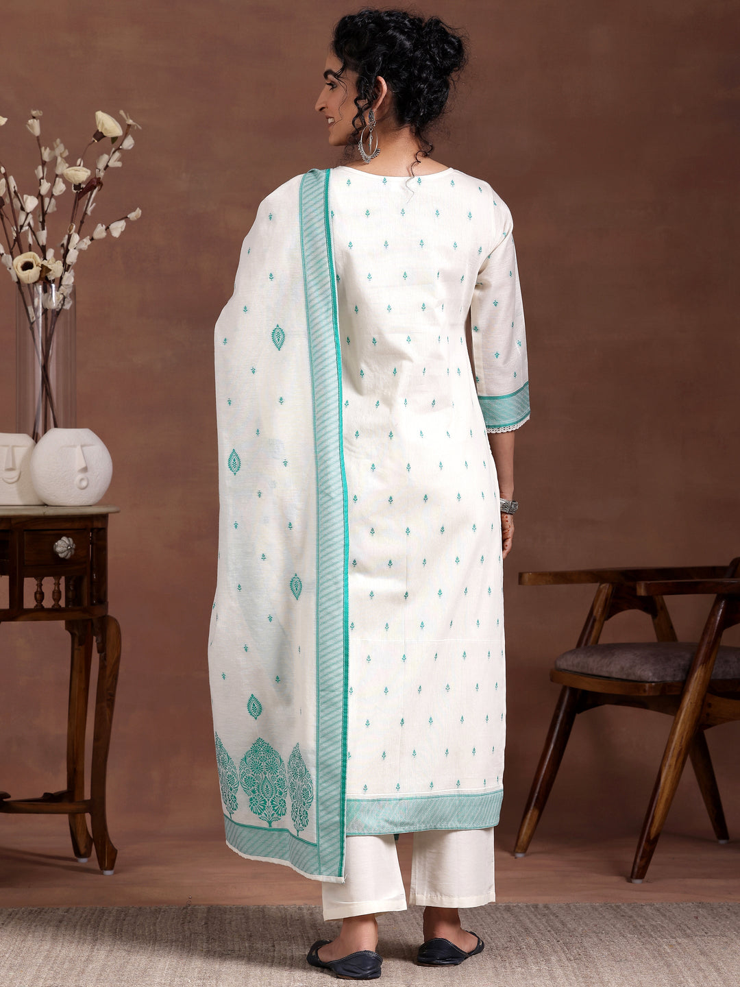 Off White Woven Design Chanderi Silk Straight Suit With Dupatta