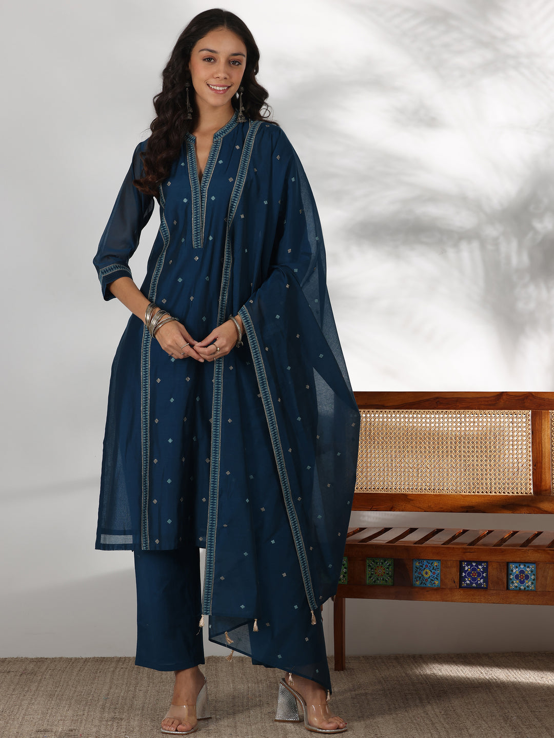 Teal Woven Design Chanderi Silk Straight Suit With Dupatta
