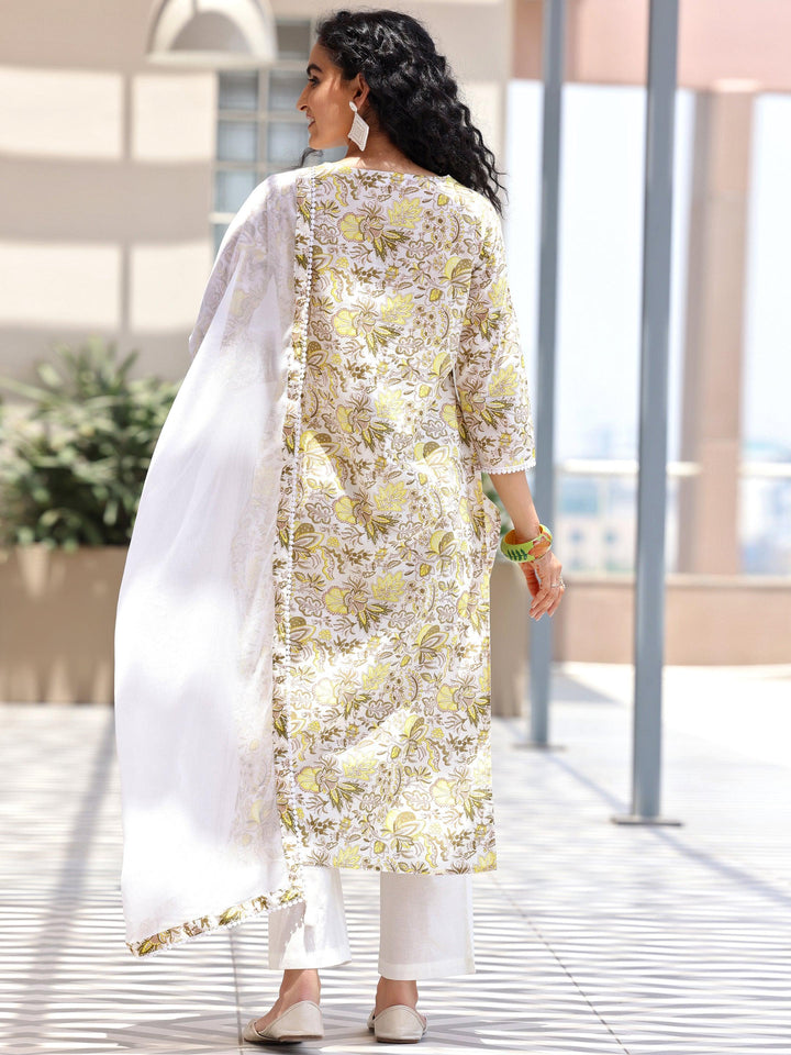 Off white Printed Cotton Straight Suit With Dupatta