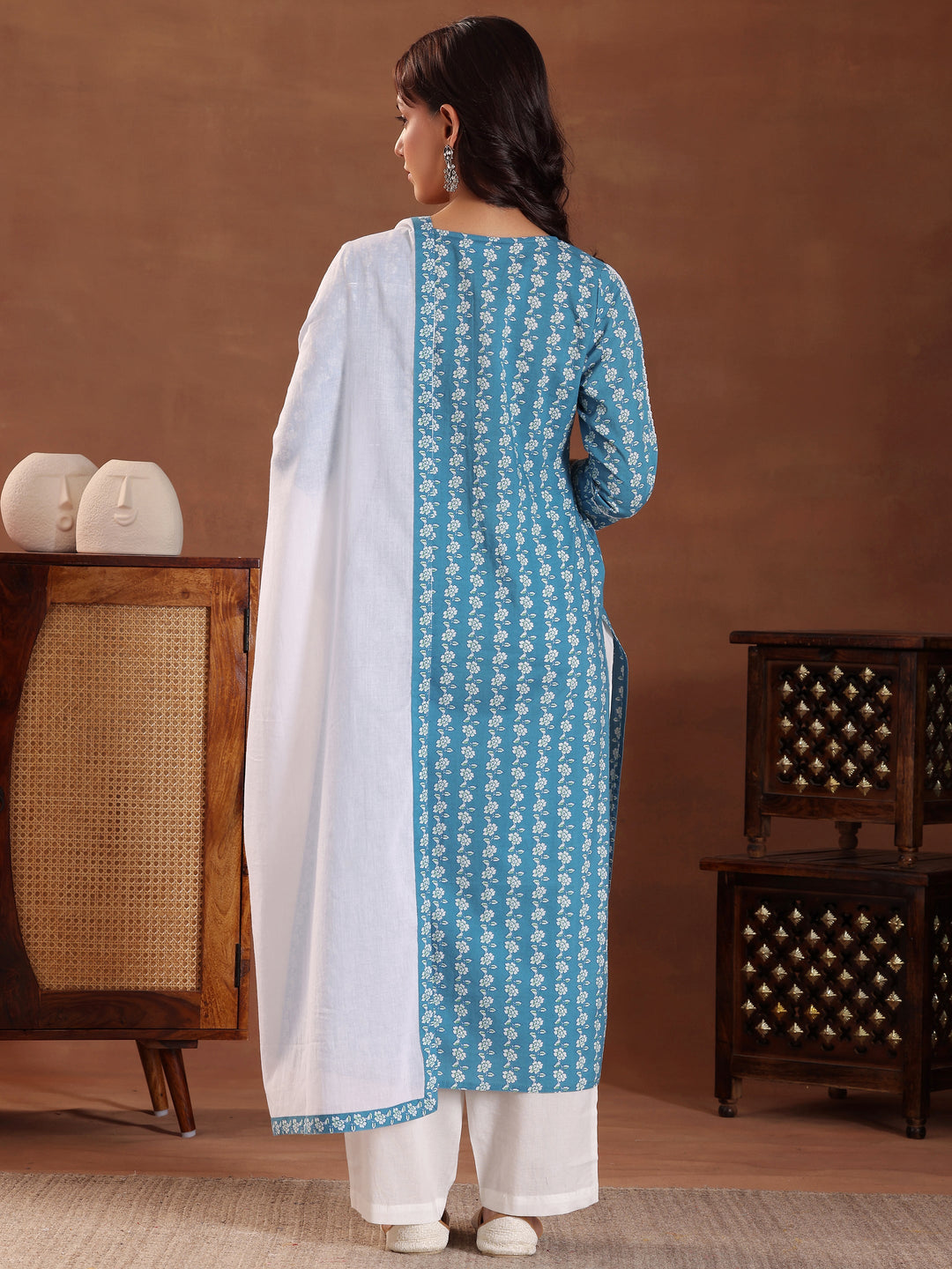 Black Printed Cotton Straight Suit With Dupatta