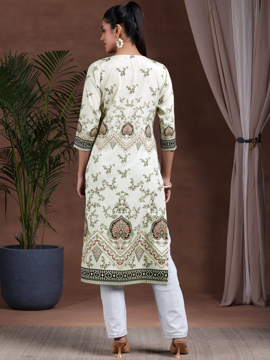 Beige Printed Crepe Straight Kurta