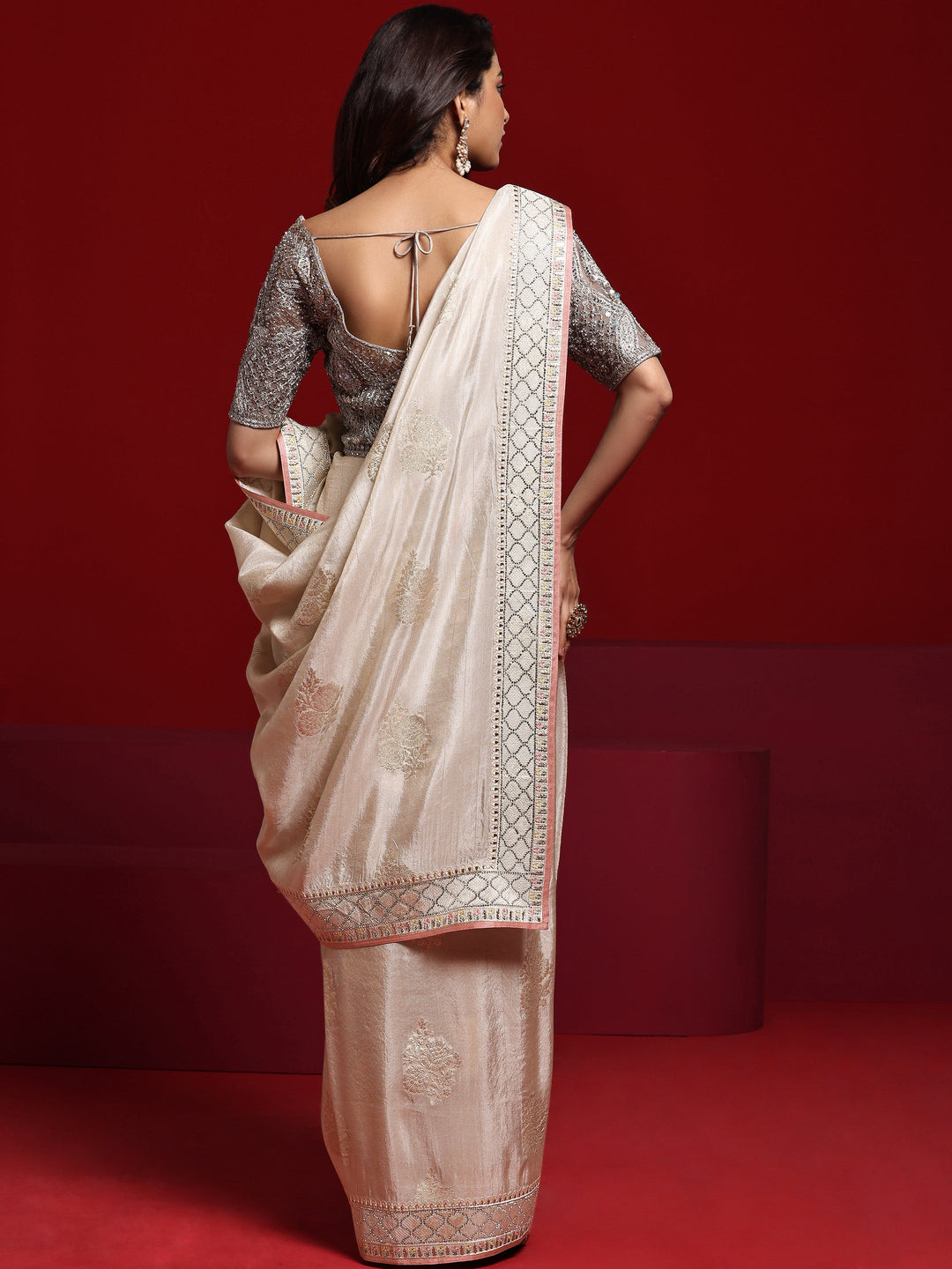 Libas Art Beige Woven Design Silk Blend Saree With Unstitched Blouse Piece