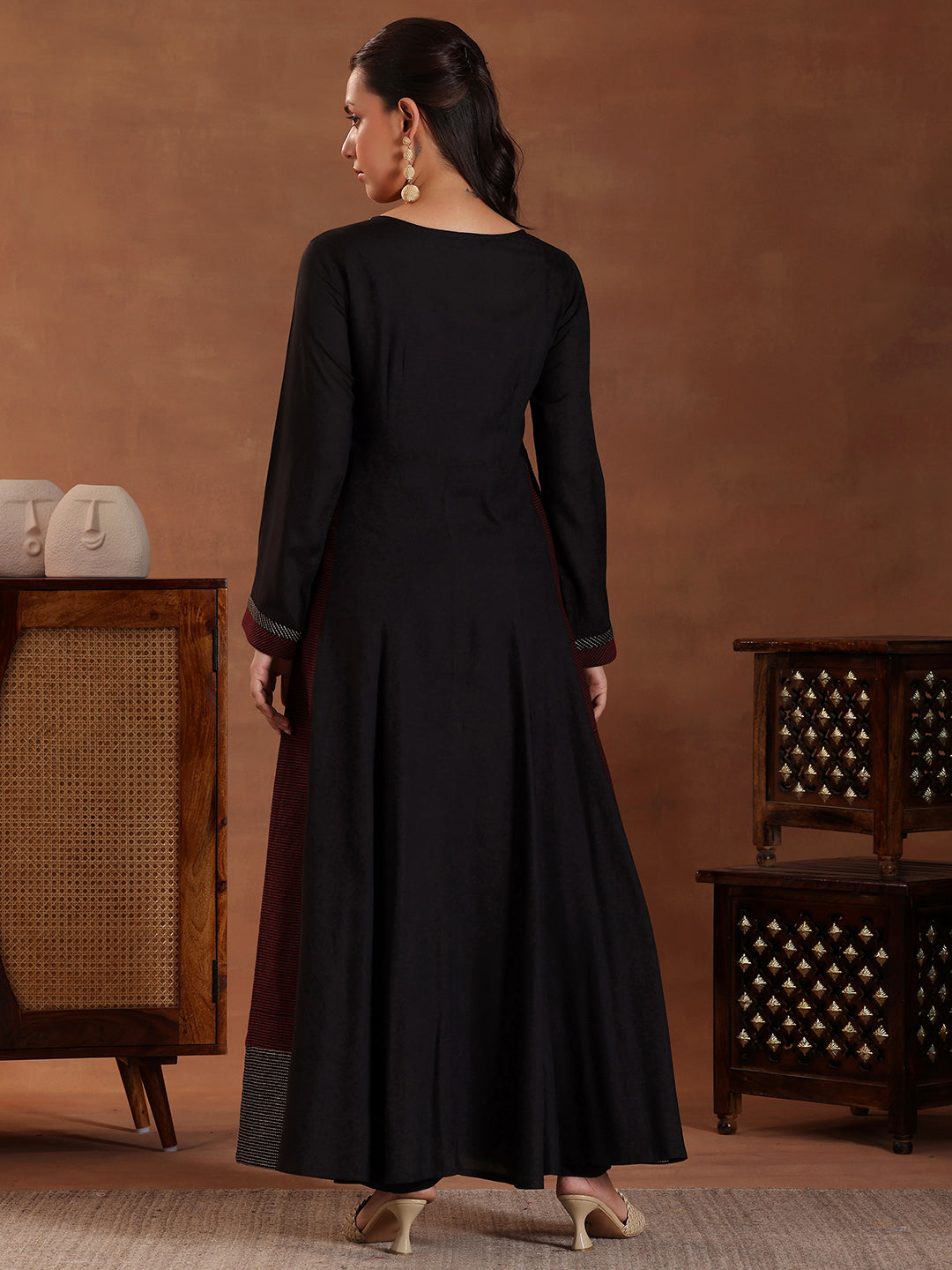 Black Self Design Pure Viscose Rayon A-Line Kurta Set