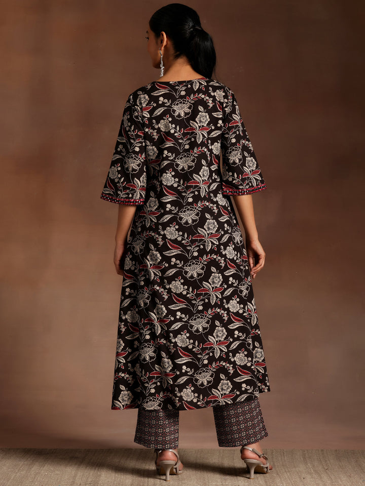 Black Printed Cotton A-Line Kurta With Palazzos