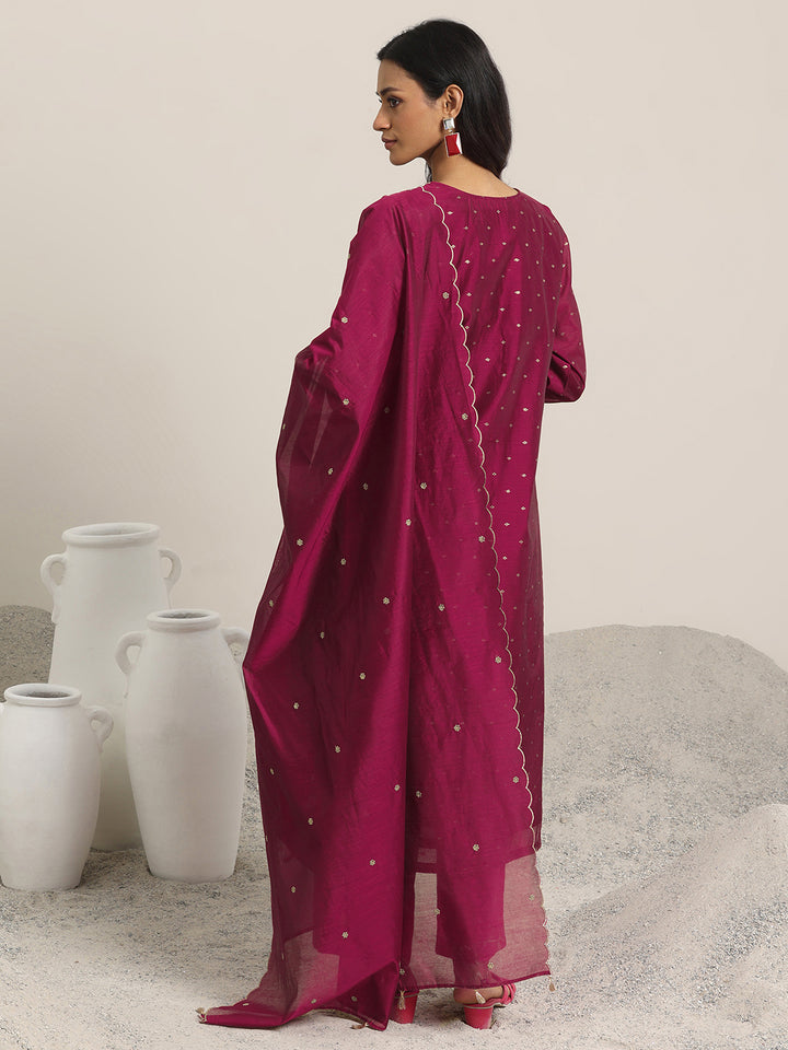 Maroon Woven Design Chanderi Silk Straight Suit With Dupatta
