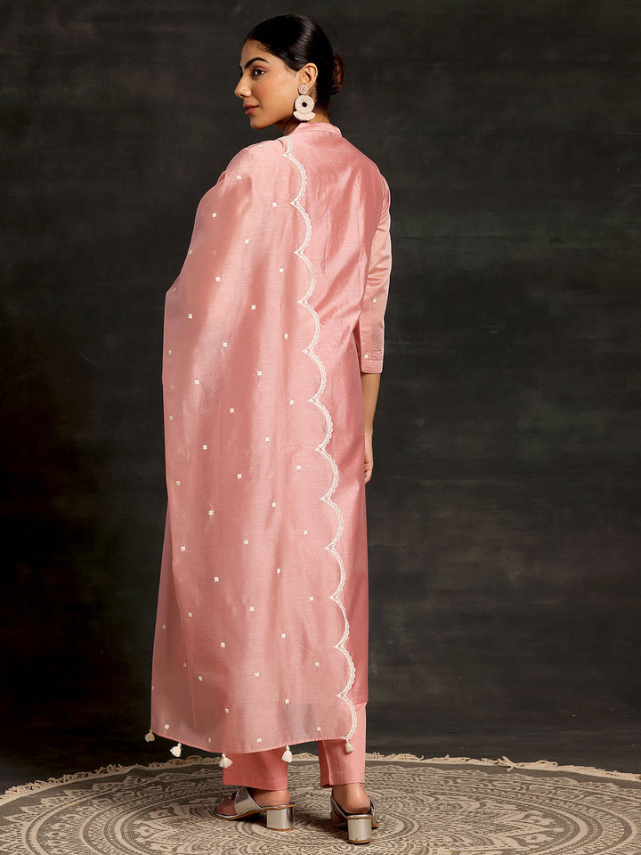 Peach Embroidered Chanderi Silk Straight Suit With Dupatta