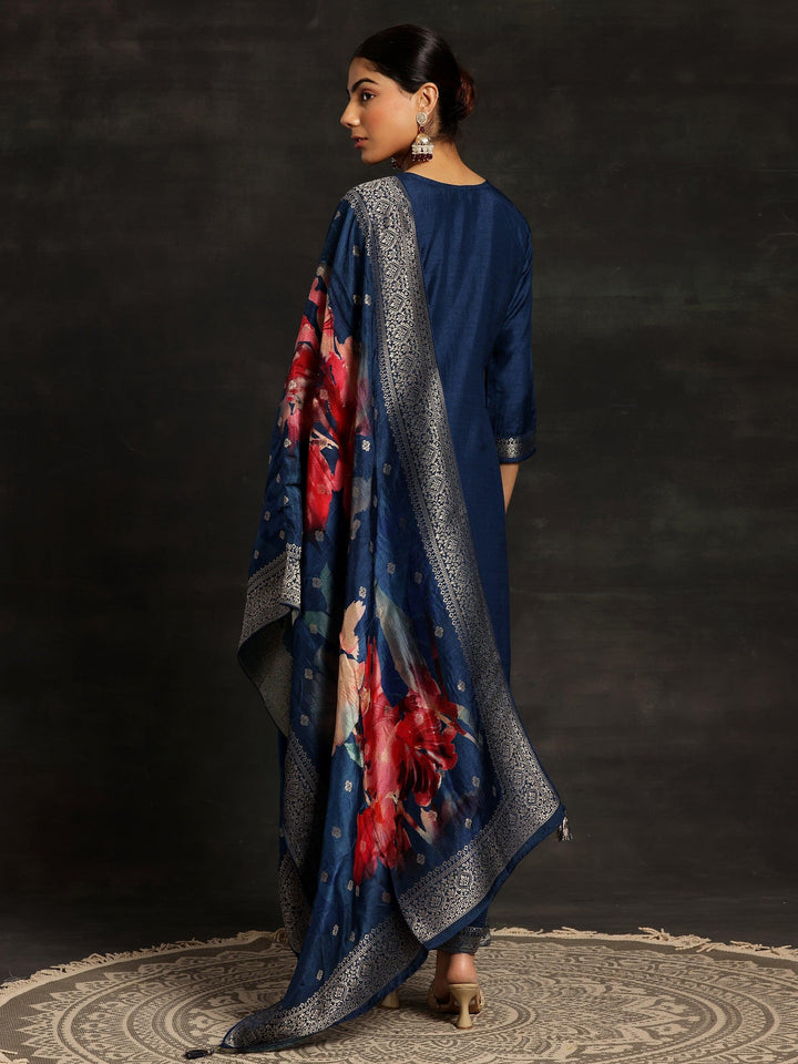 Blue Woven Design Silk Blend Straight Suit With Dupatta