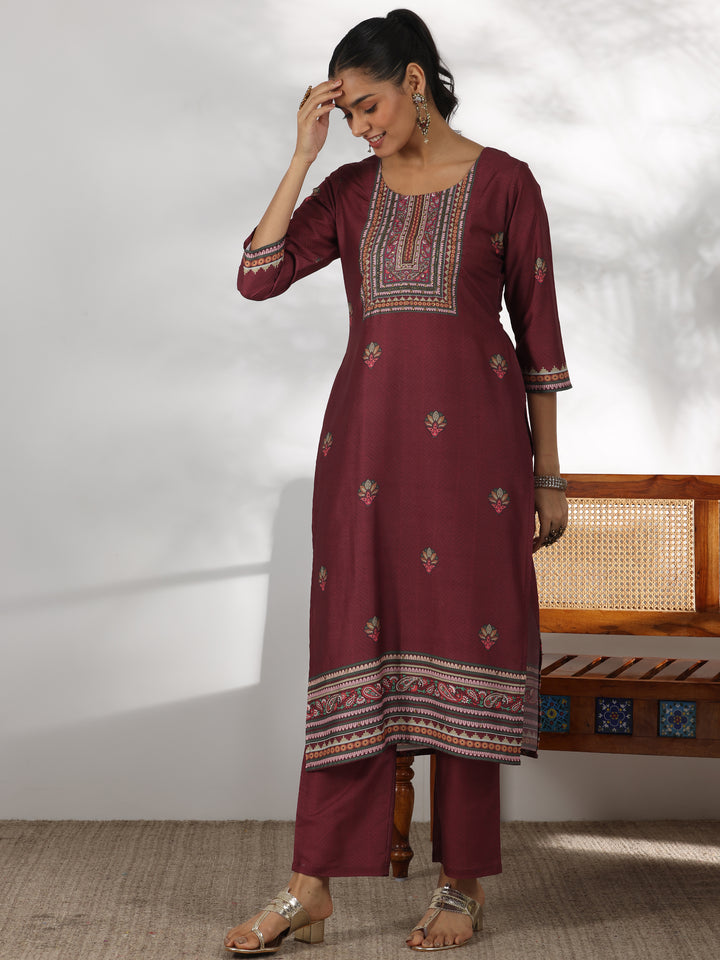 Maroon Printed Silk Blend Straight Suit With Dupatta