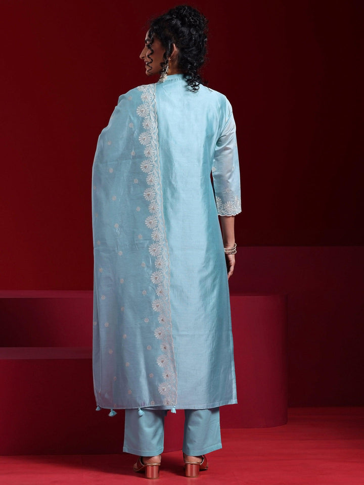 Libas Art Blue Embroidered Chanderi Silk Straight Suit With Dupatta