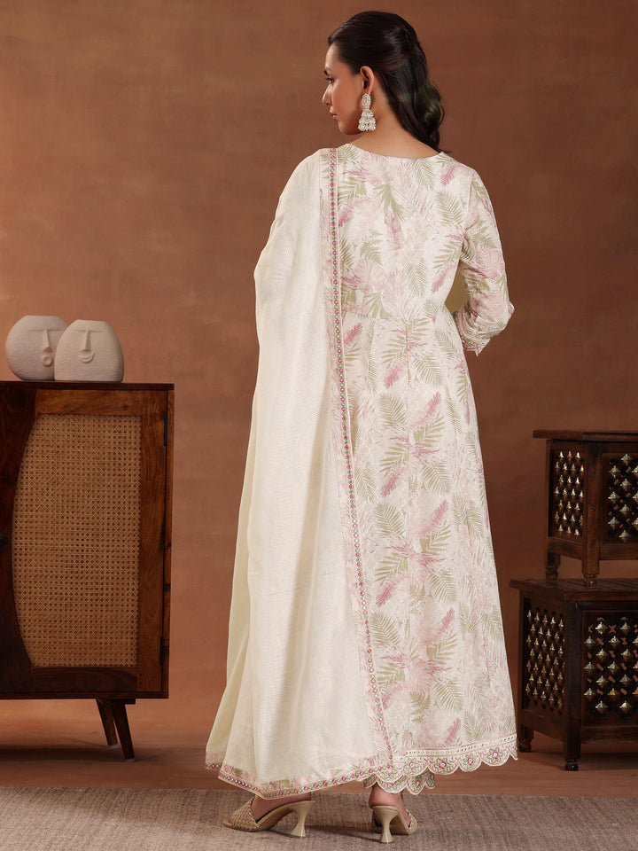 Pink Embroidered Pure Cotton A-line Kurta With Trousers & Dupatta