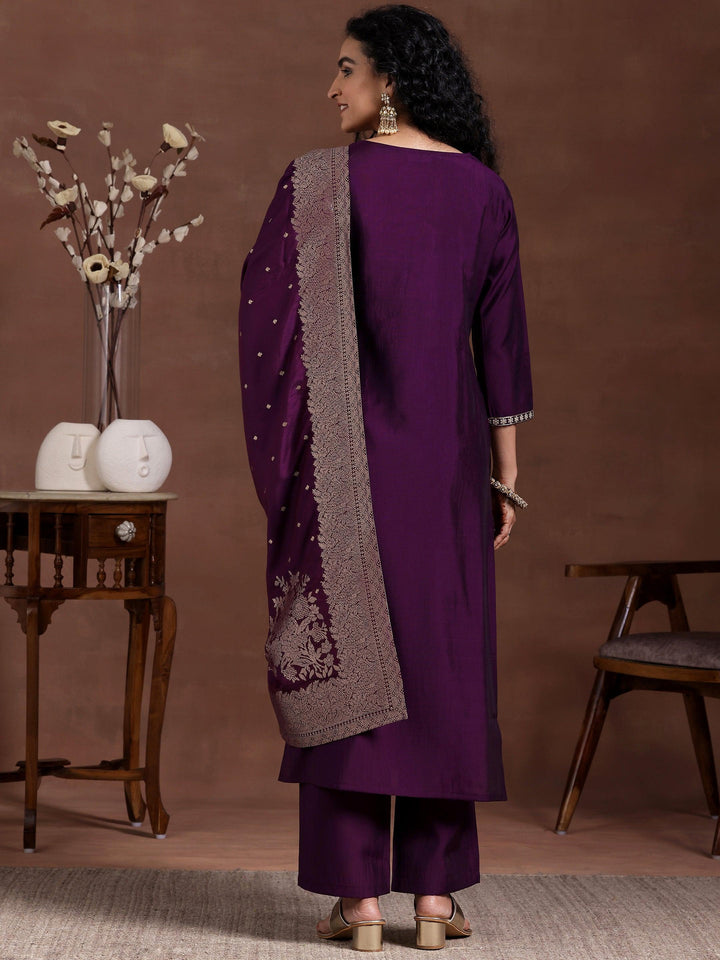 Wine Yoke Design Silk Blend Straight Suit With Dupatta