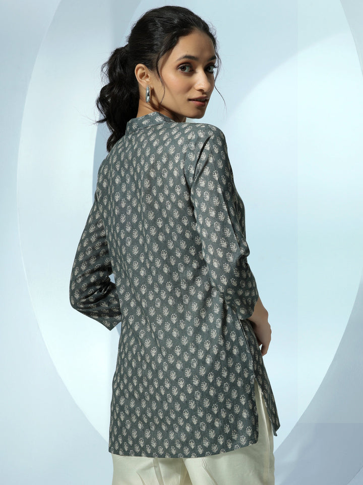 Grey Printed Cotton Blend Straight Kurti
