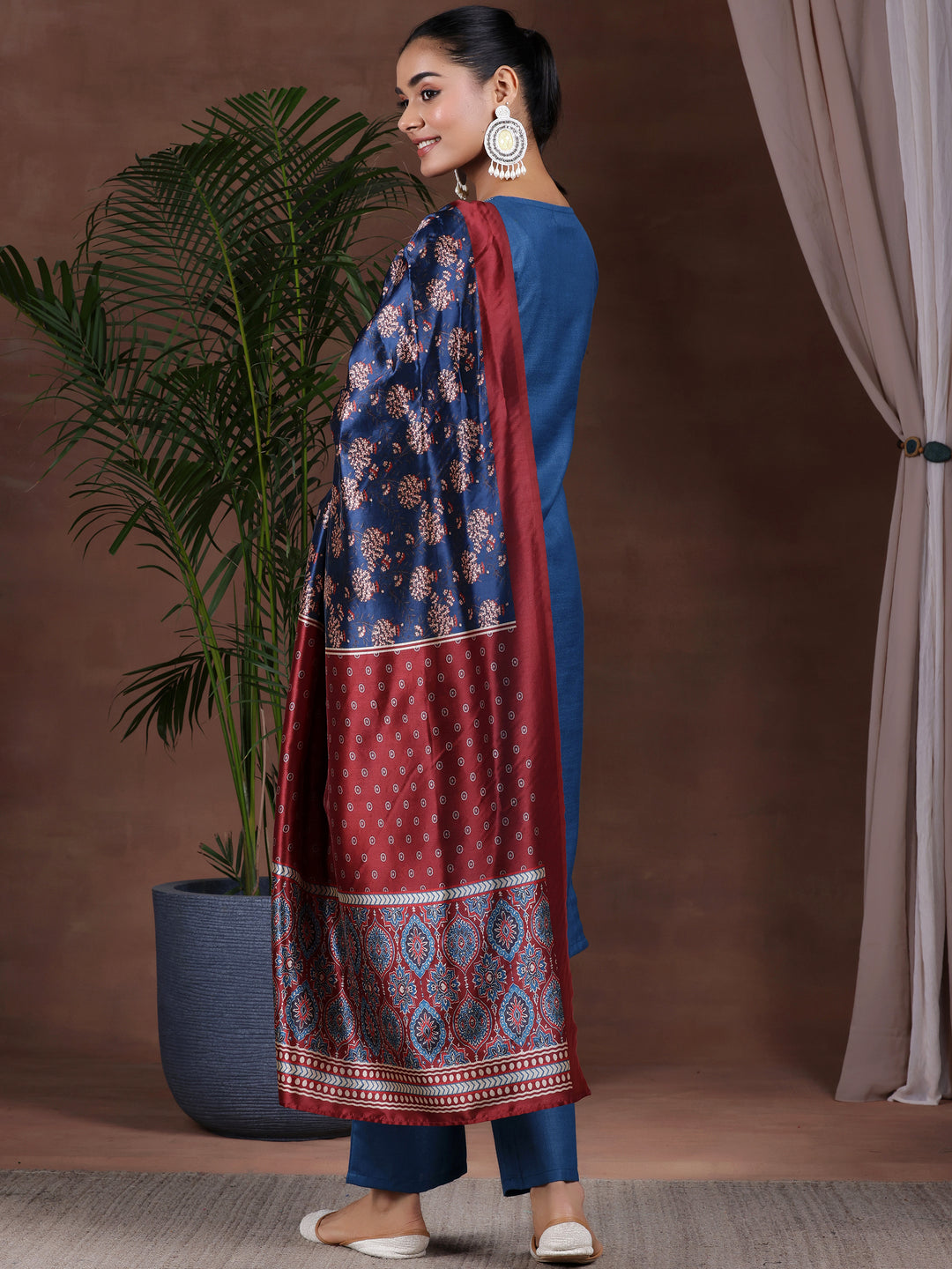 Navy Blue Solid Cotton Blend Straight Suit With Dupatta