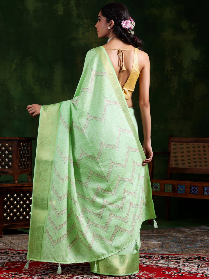 Pista Green Printed Silk Blend Saree With Unstitched Blouse Piece