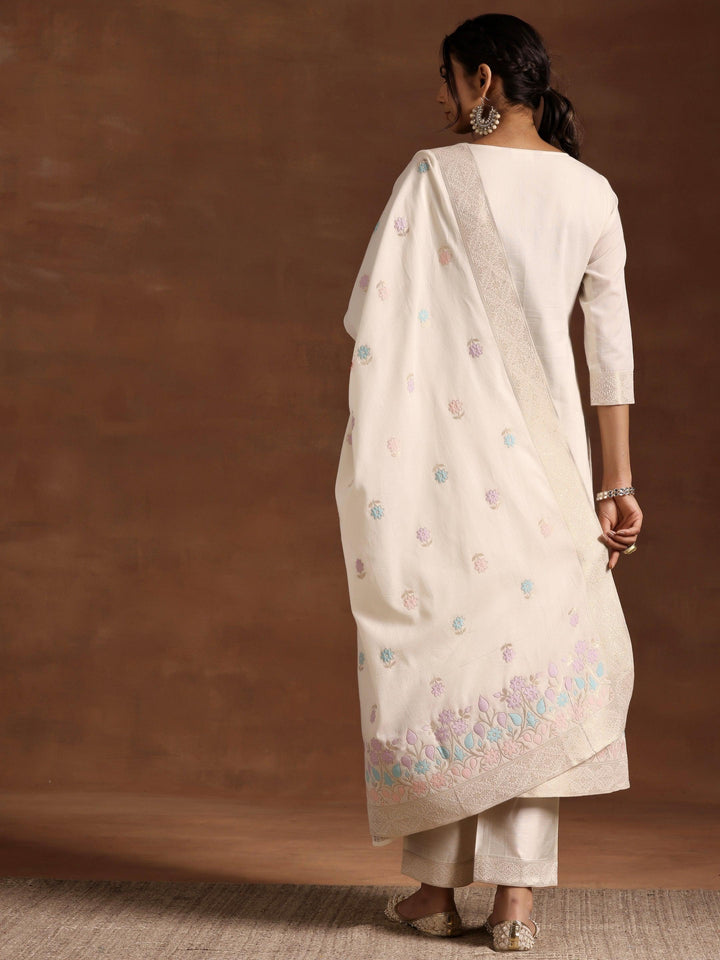 Off White Woven Design Linen Straight Suit With Dupatta