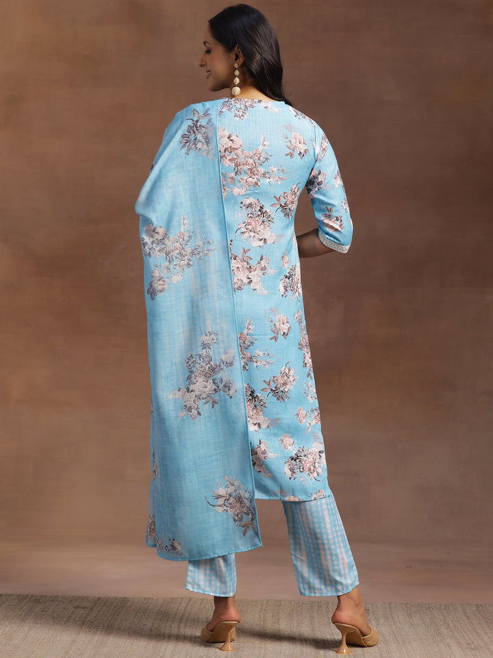 Blue Printed Cotton Straight Suit With Dupatta