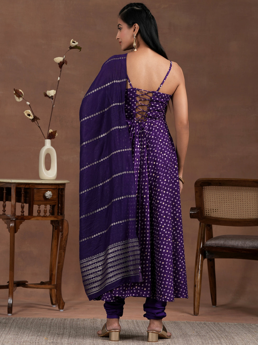 Purple Printed Rayon Anarkali Suit With Dupatta