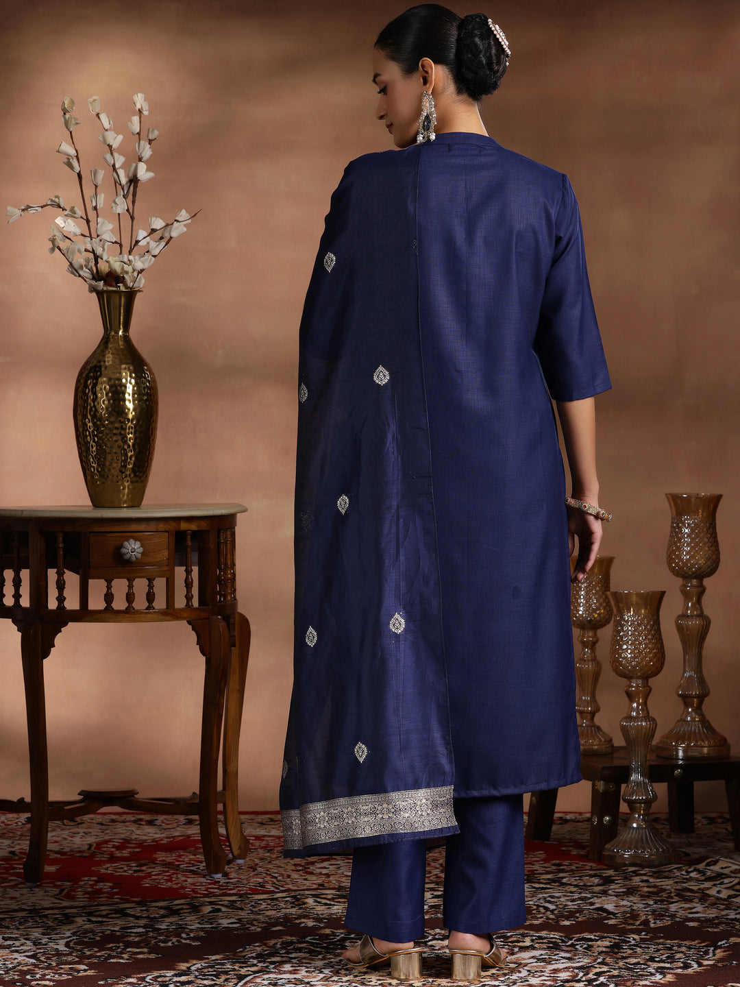 Navy Blue Solid Cotton Blend Straight Suit With Dupatta