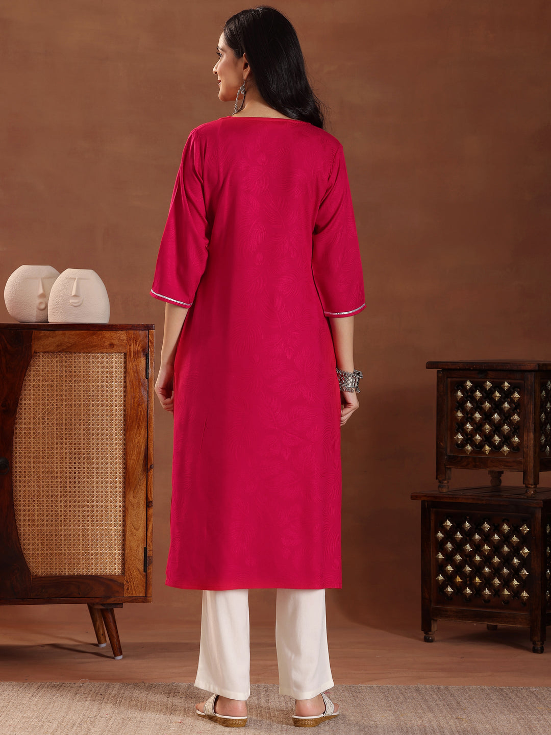 Pink Printed Rayon Straight Kurta