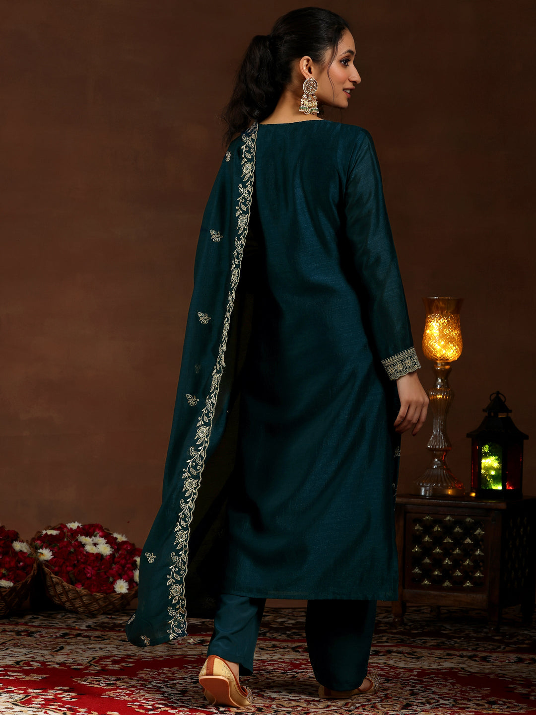 Teal Embroidered Silk Blend Straight Suit With Dupatta