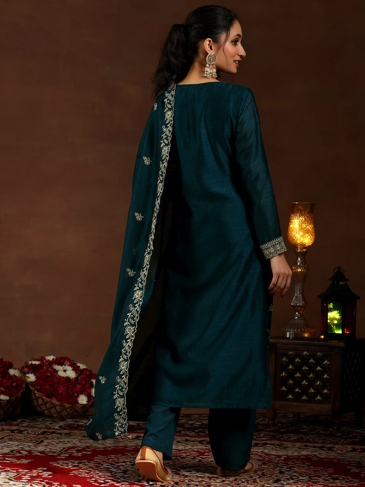 Teal Embroidered Silk Blend Straight Suit With Dupatta
