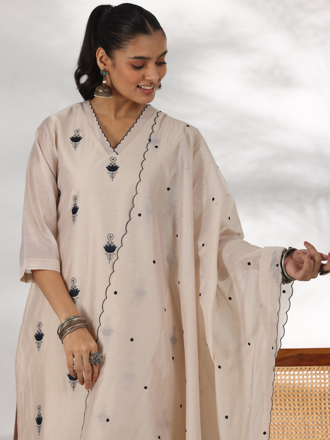 Beige Embroidered Chanderi Silk Straight Suit With Dupatta