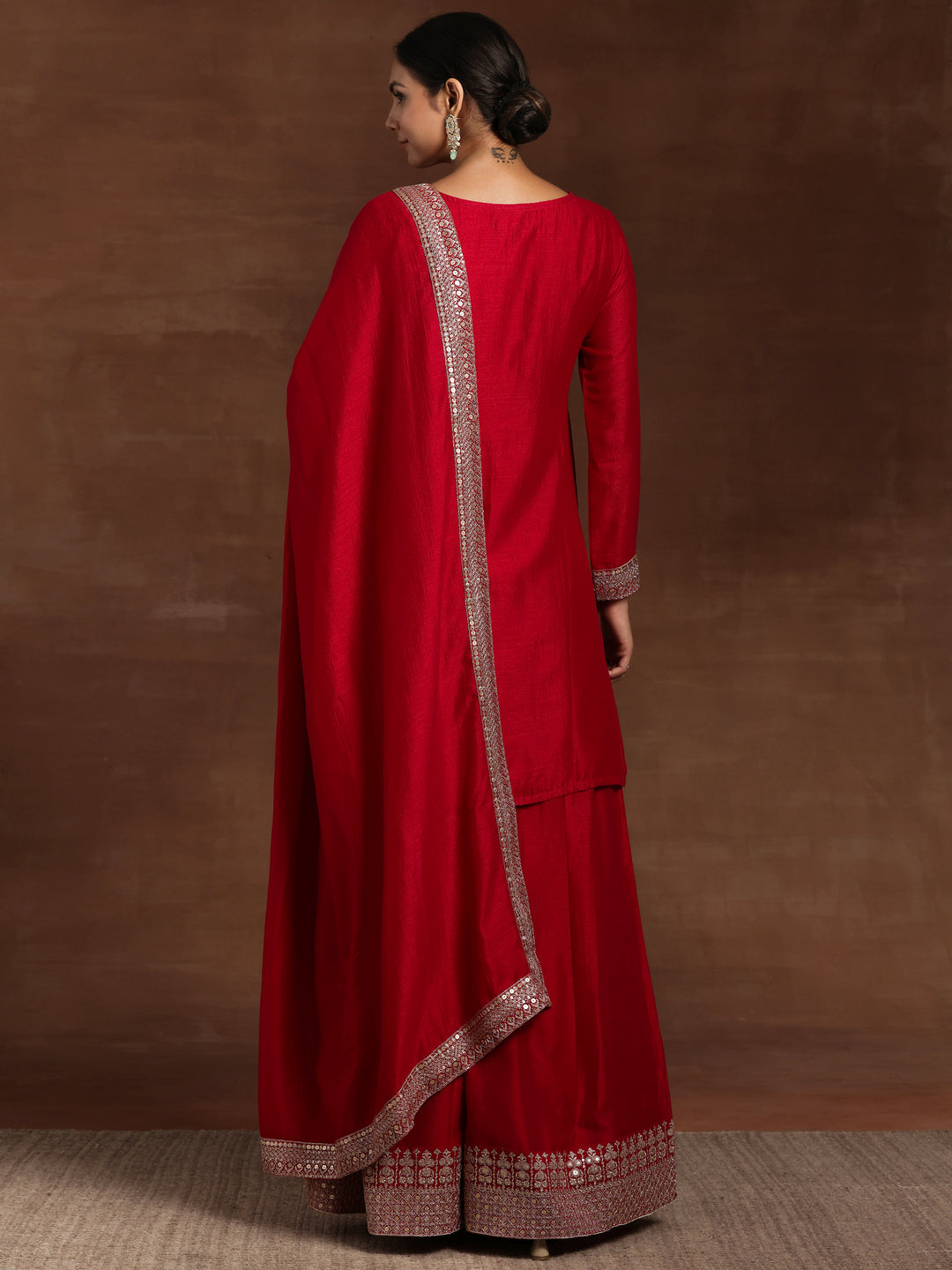 Pink Embroidered Silk Blend Straight Suit With Dupatta