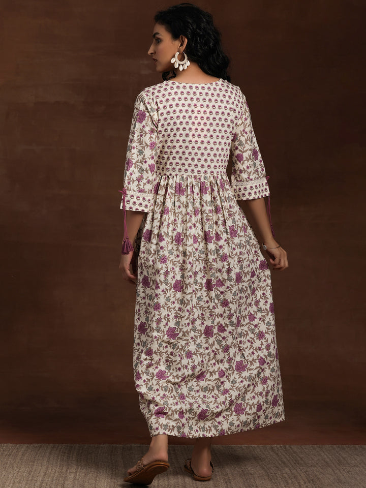 Off White Printed Cotton Fit and Flare Dress